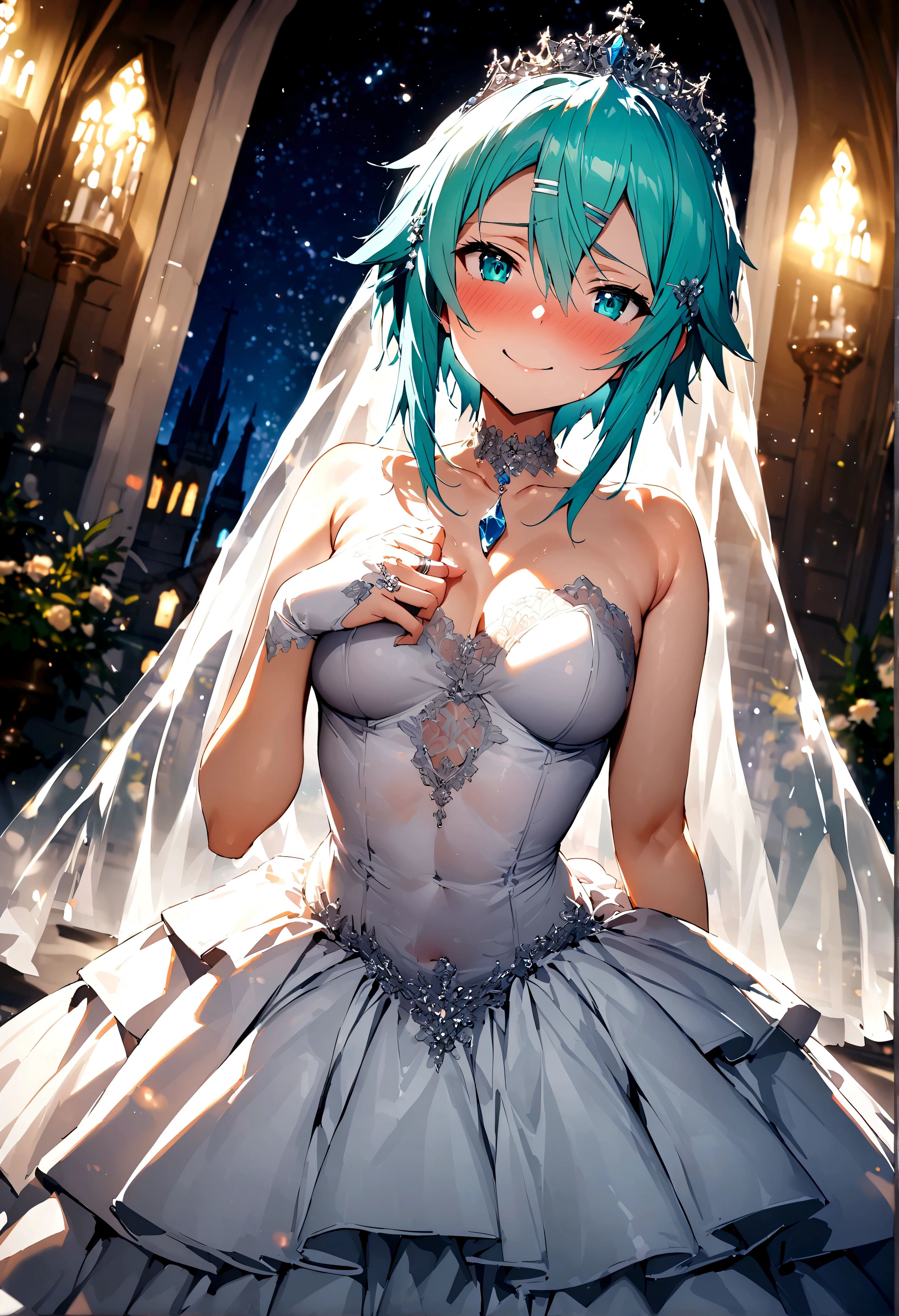 NSFW,masterpiece,Highest quality,High resolution,Super detailed,Sinon\(Sword Art Online\),(Quality Wedding Dresses),Wedding Veil,tiara,gem, hair ornaments, Hair Clip,wedding ring,Embarrassed,Watery eye,smile,blush,Church at night,Luxurious Room,wedding