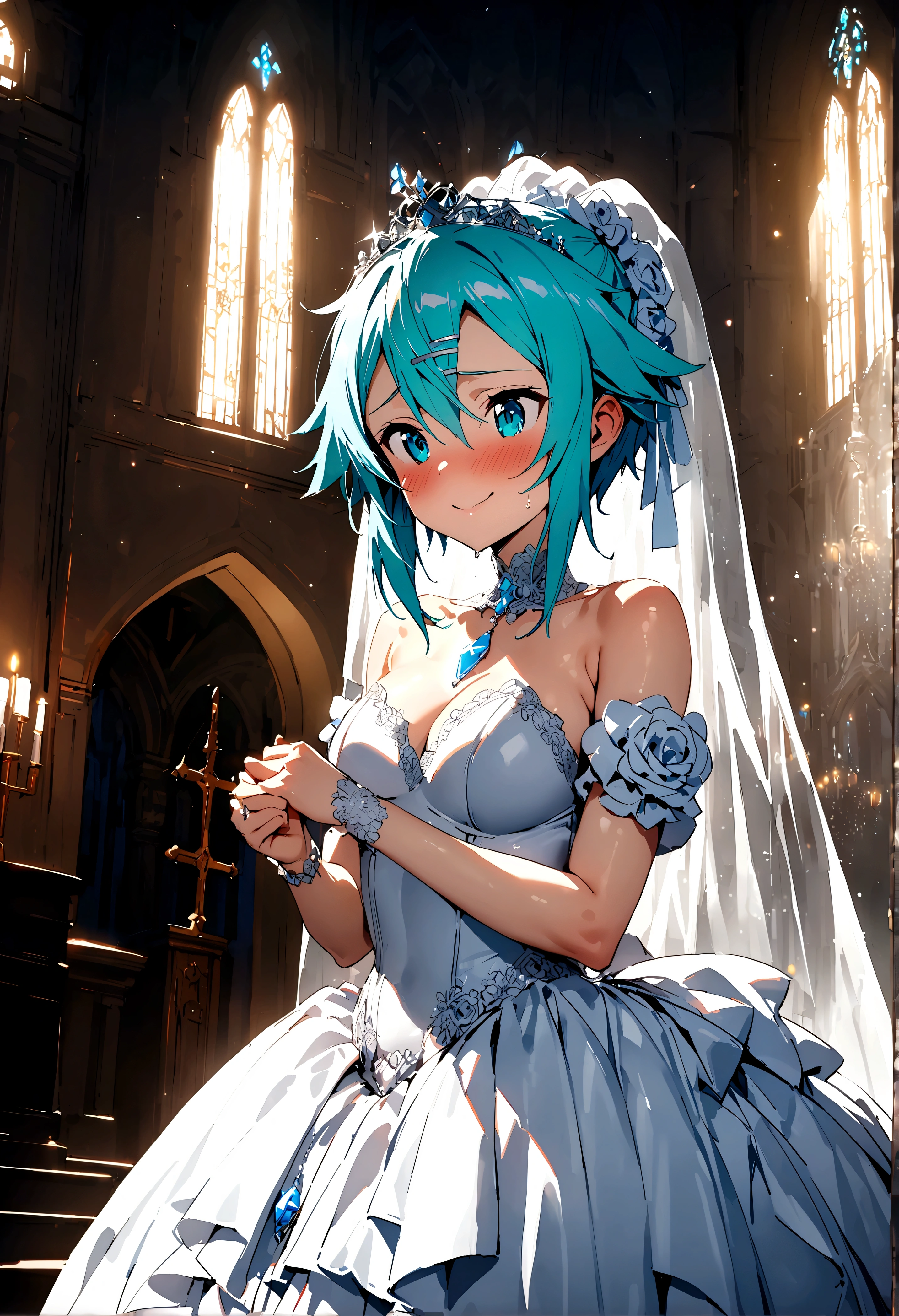 NSFW,masterpiece,Highest quality,High resolution,Super detailed,Sinon\(Sword Art Online\),(Quality Wedding Dresses),Wedding Veil,tiara,gem, hair ornaments, Hair Clip,wedding ring,Embarrassed,Watery eye,smile,blush,Church at night,Luxurious Room,wedding