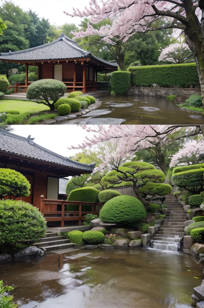 Sure! Here’s an English prompt for creating a video based on your image:
“Create a video of a traditional Japanese garden during a rain shower, with raindrops gently falling onto the lush greenery and the vibrant pink cherry blossoms. The wooden architecture of the buildings should appear warm and inviting, with rainwater dripping from their eaves. The stone pathways should glisten with wetness, and there should be a subtle mist arising from the ground due to the cool rain.”