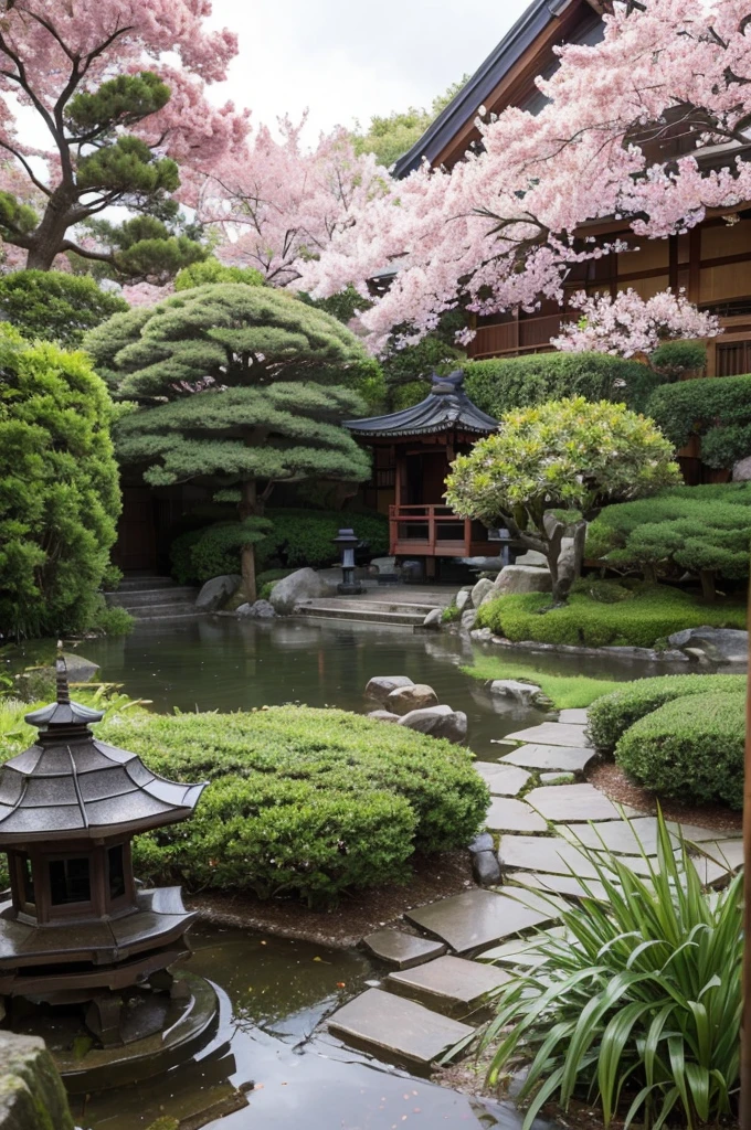 Sure! Here’s an English prompt for creating a video based on your image:
“Create a video of a traditional Japanese garden during a rain shower, with raindrops gently falling onto the lush greenery and the vibrant pink cherry blossoms. The wooden architecture of the buildings should appear warm and inviting, with rainwater dripping from their eaves. The stone pathways should glisten with wetness, and there should be a subtle mist arising from the ground due to the cool rain.”