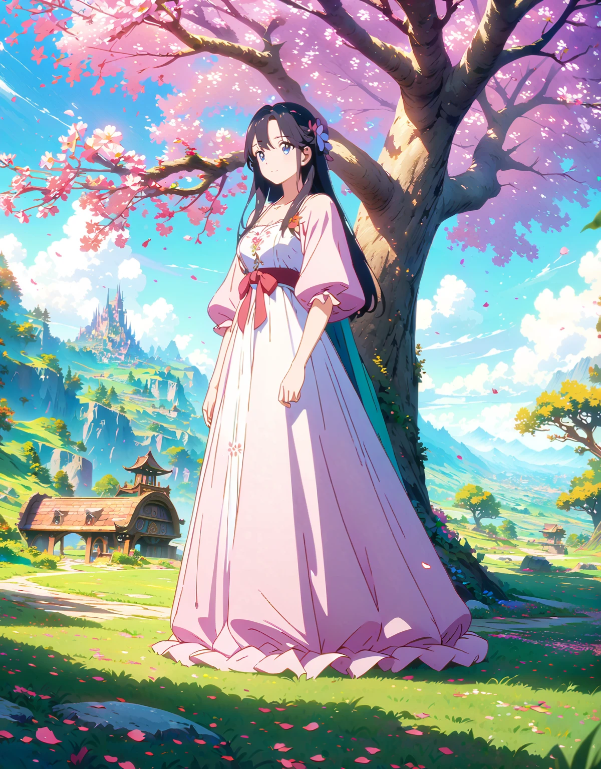 (Ultra-detailed illustrations:1.2),Anime girl in a dress standing under a flowering tree, Beautiful fantasy anime, Anime Art Wallpapers 8K, Anime Style 4k, anime art wallpaper 4k, anime art wallpaper 4k, sakura petals around her, artstation pixivでトレンド, 4k anime wallpaper, Beautiful Anime, anime wallpaper 4k, anime wallpaper 4k