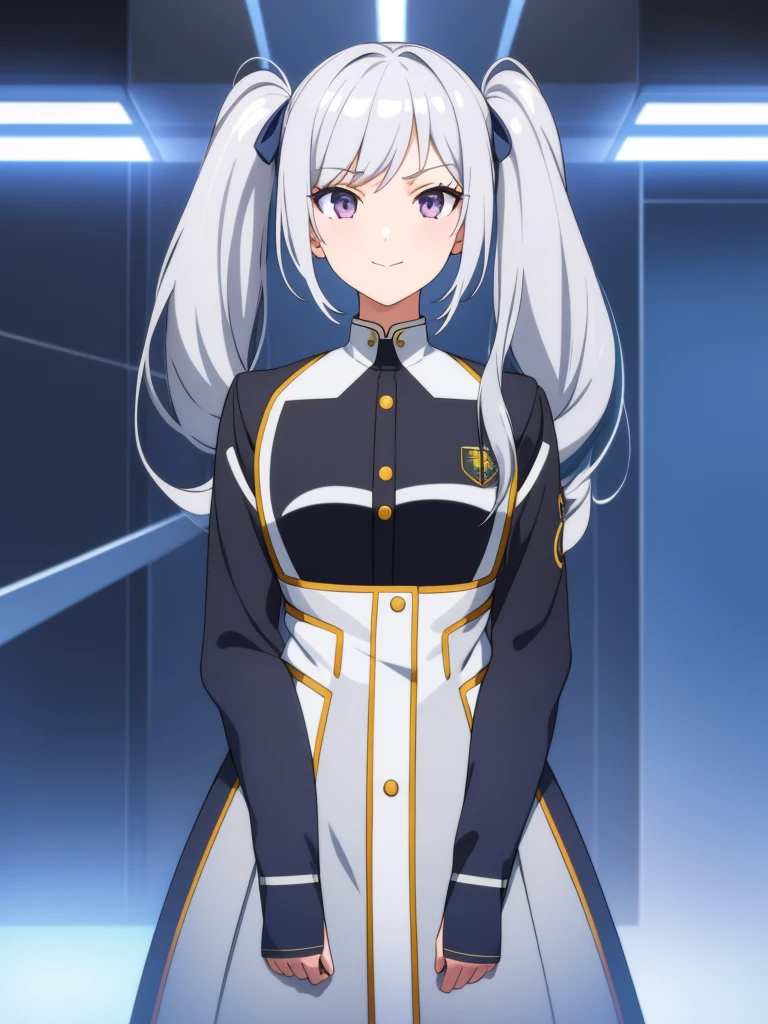 1girl, anime girl, silver hair, long twintails, silver eyes, dark blue school suit, closed mouth small smile, front facing to viewer