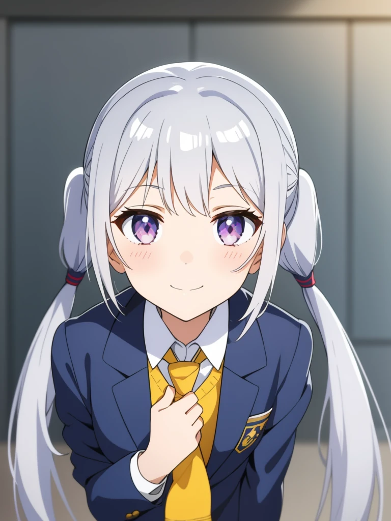 1girl, anime girl, silver hair, long twintails, silver eyes, dark blue school suit, closed mouth small smile, front facing to viewer