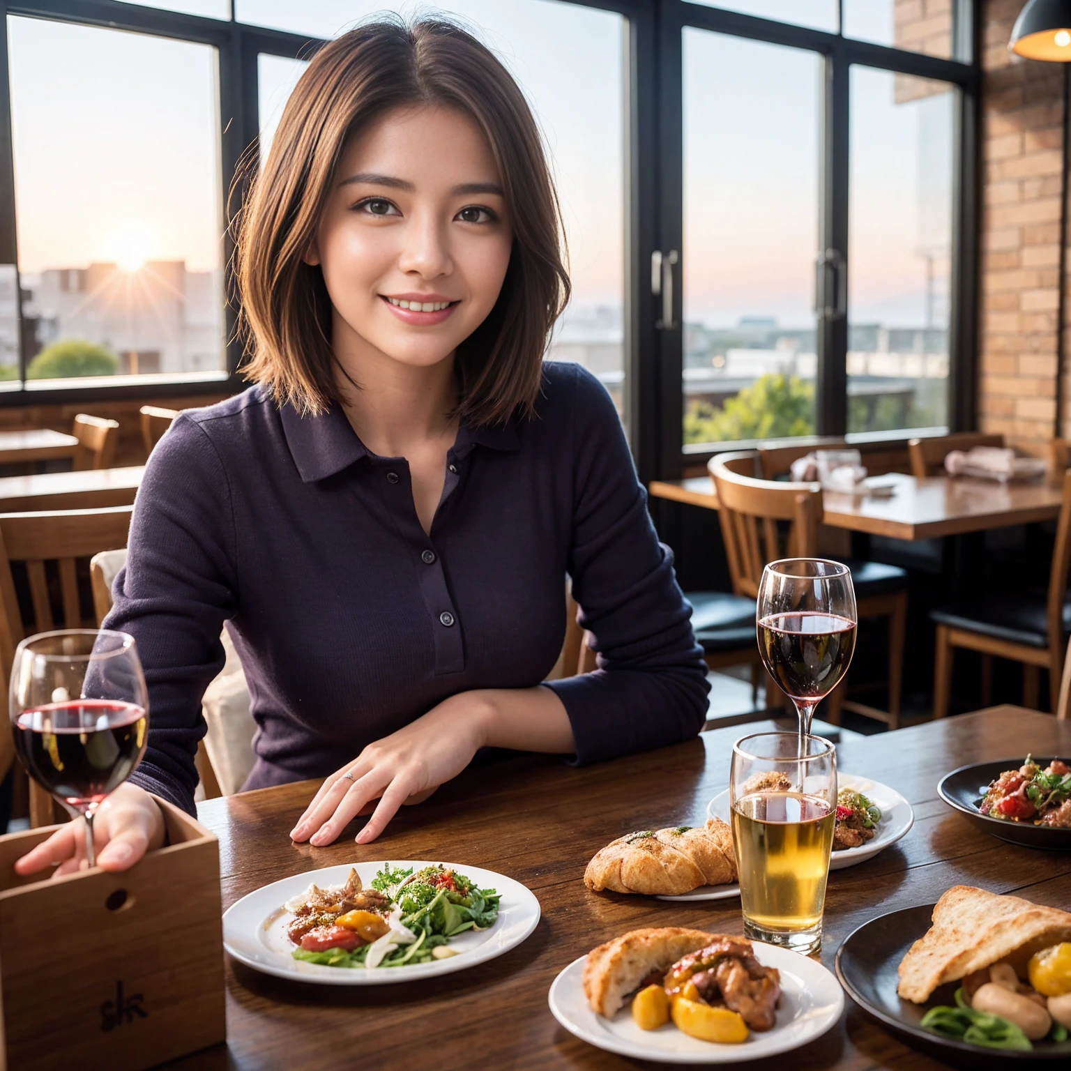 ((Highest quality、8K、masterpiece:1.3))、slimカップル、Pink rubber、modelカップル、(Realistic, Intricate details:1.2), full-course dinner、Wine Party、Amazing view of the sunset sky and clouds、A bright smile、The wonderfulness of smile、Bright image、The beauty of wine, Beautiful Face, blue eyes, The light shines on your face, Blushing, short hair,Bright Face、 (Age 43), 39 years old, red wine 、Appetizers、Italian food、Wine bottle、Champagne、sparkling wine、Two beauties、Brown Hair、Shortcuts、Long sleeve shirt、dress、Beautiful woman 1, (slimな顔), (The body is slim), (Brown Hair), (Shortcuts), cheeks turn a little red,Attractive beauty、restaurant, In a prominent place (From the waist up) Nova Frog Style, actress, model, Upper Body, White wine, slim, wine glass, 中央に置かれたwine glass, smile, (smile: 1.15), Beautiful fine grain, Depth f/2,saturation, High Contrast, Strong light and shadow,Moist Body:1.5、3D texture、Delicate eyes、Brown Hair、The hair is very shiny、