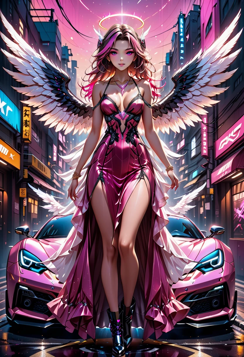 Arafed a picture of a mech cyberpunk female angel standing in at the street at night near her sports car, night, an  exquisite beautiful cyberpunk female angel  wearing dark dress, wearing ((intricate glamour pink evening dress: 1.3)), (white angelic wings: 1.2), spread angelic wings, halo over the head, small cleavage, wearing intricate diamond necklace,  wearing high heeled boots,   dynamic eye color, dynamic hair color, dynamic hair style,  standing near her (sports car: 1.3), cyberpunk street t background, full body shot, (Masterpiece: 1.5), Vibrant, Ultra-high resolution, High Contrast, masterpiece:1.2, highest quality, Best aesthetics), best details, best quality, highres, ultra wide angle, 16k, [ultra detailed], masterpiece, best quality, (extremely detailed), Mechanical Creatures