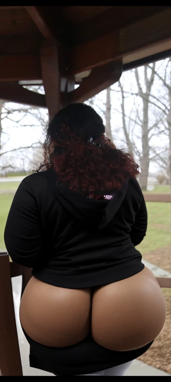 there are two people standing under a shelter talking to each other, photo still of behind view, shot from the back, view from the back, seen from the back, back of the hair, from the back, wearing a black hoodie, with curly red hair, facing away from camera, long dark curly hair, over the shoulder view, in a black hoodie, beautiful girl, big ass, huge ass, bbw, from behind, thick, thick thighs, wide hips, bbw, big , sideboob, giant ass, back view, big butt, round butt, tight underwear, underwear halfway off, underwear taking off, grabbing ass, ass spilling over underwear, too thick for clothes, looking left, leftwards, latina, from behind, tall girl