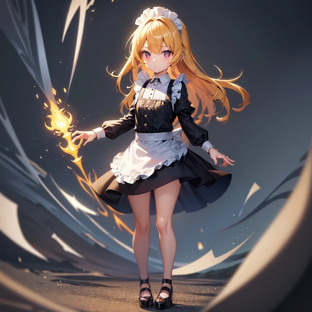 ((Maid)),白いMaid服,apron,Cute little ,Tiny ,Small girl,,Childish face, Very fine clean face,Top quality, Big eyes,Straight Hair,Yellow hair,Crimson Eye,(Dark Room), Subtle light, Natural breeze,Soft lighting,Light from directly behind, (Are standing), Cute pose, (Open your hands), Showing the whole body,Front view,Black background