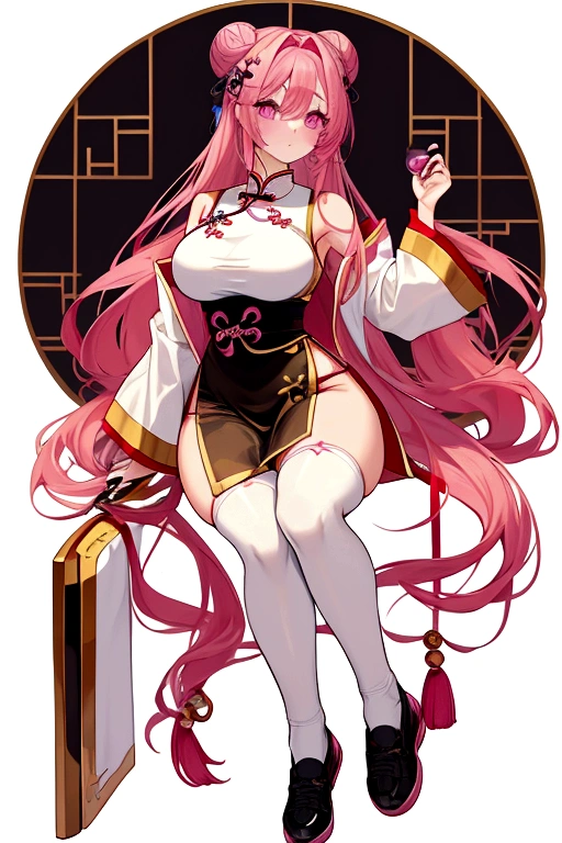 Huge 17 years old chinese martial artist girl.long pink hair in hime-cut style, which she ties in Chinese-style twin-buns using black ribbons. Her eyes are a shade of pink-purple.fair-complexion and has a hourglass figure with moderate bust-size. sleeveless-strapless white cheongsam with short-pants like bottom with split-sides that reaches high-thigh length. thigh-high white socks on her right-leg held by a white strap, while a short white shocks on her left-leg, with black cloth shoes tied around her ankle