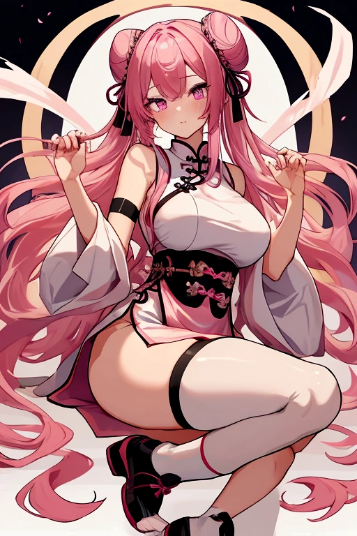 Huge   chinese martial artist girl.long pink hair in hime-cut style, which she ties in Chinese-style twin-buns using black ribbons. Her eyes are a shade of pink-purple.fair-complexion and has a hourglass figure with moderate bust-size. sleeveless-strapless white cheongsam with short-pants like bottom with split-sides that reaches high-thigh length. thigh-high white socks on her right-leg held by a white strap, while a short white shocks on her left-leg, with black cloth shoes tied around her ankle