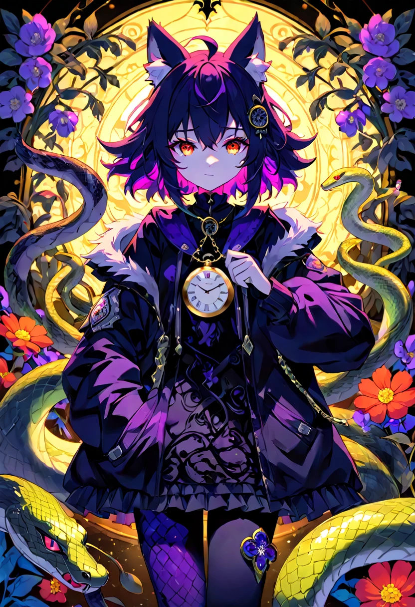 (best quality, high resolution, ultra-detailed)silhouett(kemono, furry anthro)holding striking pocket watch, surrounded by flowers, snakes and darkness, illustrative rendering, intricate details, mysterious atmosphere, vibrant colors, dynamic lighting , Gothic style,