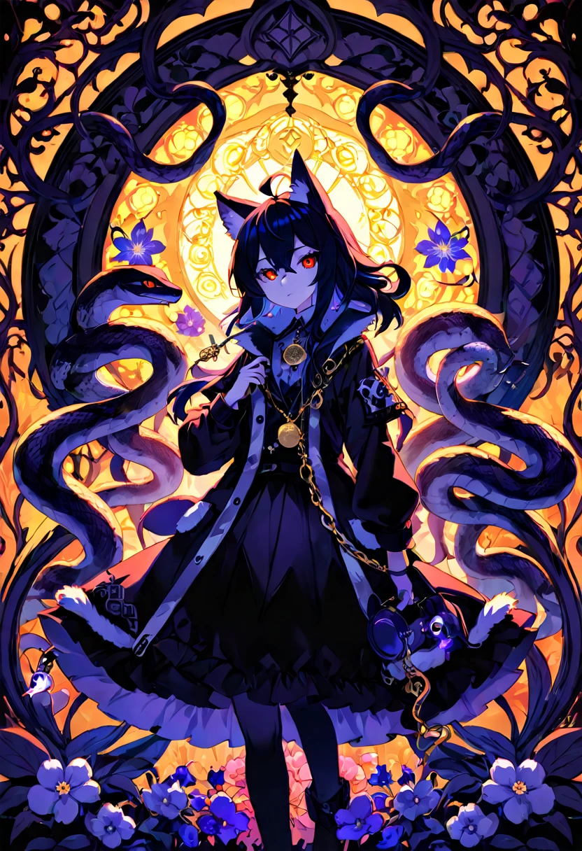 (best quality, high resolution, ultra-detailed)silhouett(kemono, furry anthro)holding striking pocket watch, surrounded by flowers, snakes and darkness, illustrative rendering, intricate details, mysterious atmosphere, vibrant colors, dynamic lighting , Gothic style,
