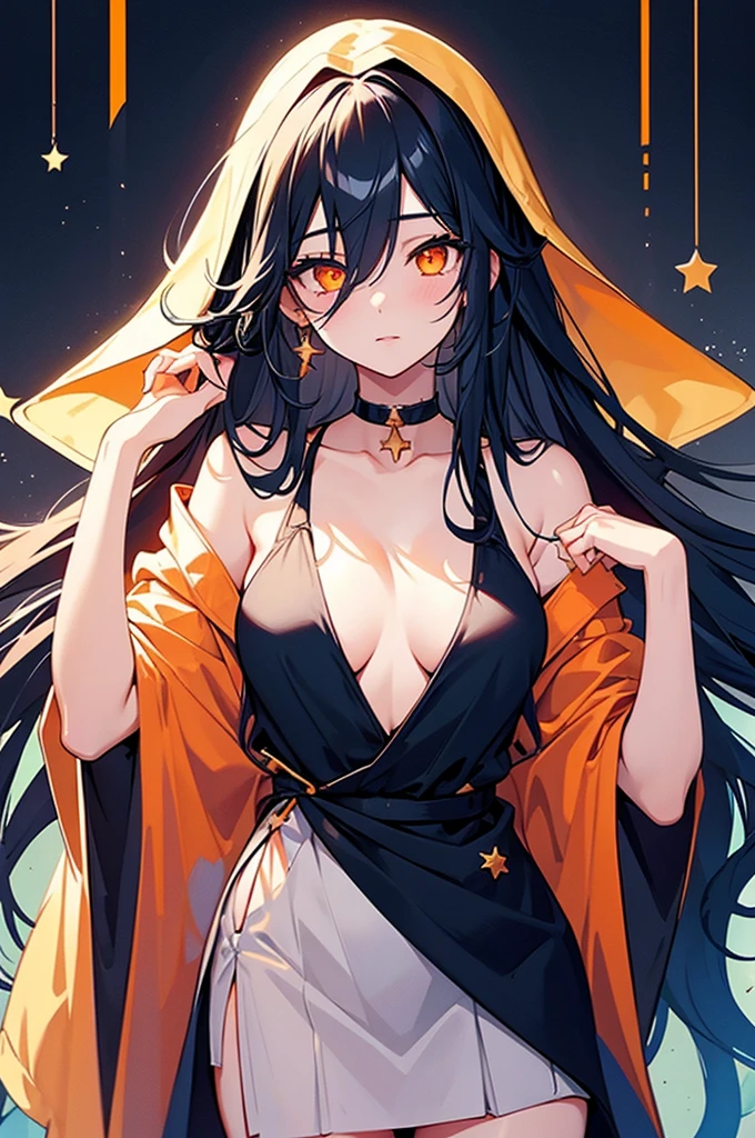 1girl with a very long hair, hair over eyes, black hair with blue tips, worn loose with little stars accesories,orange eyes, flirtatious look, open arms, lingerine, sexy, 