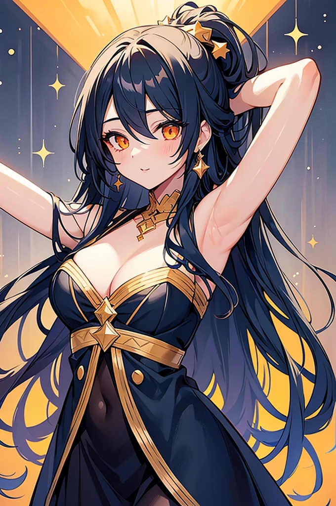 1girl with a very long hair, hair over eyes, black hair with blue tips, worn loose with little stars accesories,orange eyes, flirtatious look, open arms, lingerine, sexy, 