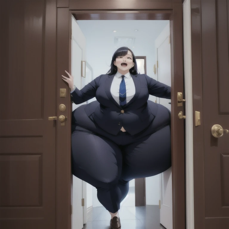masterpiece, 1girl behind a doorway, from front, (doorstuck, stuckfront:1.3), huge hips, round belly, thick thighs, colorful clothing, wearing suit and tie and formal pants, upset, trying to wiggle through, her girlfriend laughs as she pushes her butt