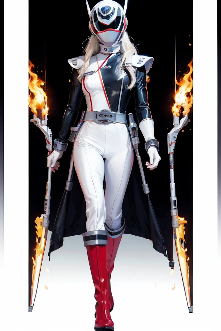 Muscular man, alone, white windbreaker, white long pants, white hair, black locks of hair, Japanese-looking man, dragon horns, violet-colored military boots, evil smile, dark brown eyes, fantasy scenery, walking through the flames of darkness. ,full bodysuit, Illustration, cinematic light, high resolution, best quality, ultra detailed, masterpiece, power suit, powerranger, suit, spd, (silver royal guard ranger suit), gold detail, masked,