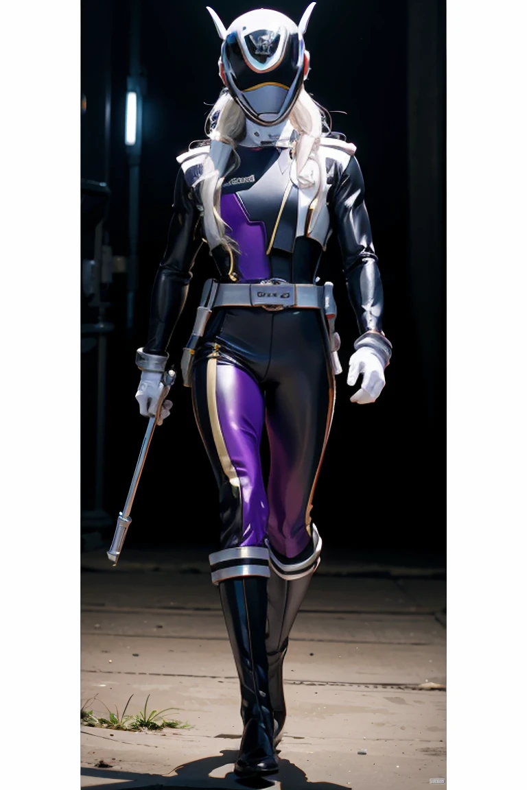 Muscular man, alone, white windbreaker, white long pants, white hair, black locks of hair, Japanese-looking man, dragon horns, violet-colored military boots, evil smile, dark brown eyes, fantasy scenery, walking through the flames of darkness. ,full bodysuit, Illustration, cinematic light, high resolution, best quality, ultra detailed, masterpiece, power suit, powerranger, suit, spd, (silver royal guard ranger suit), gold detail, masked,
