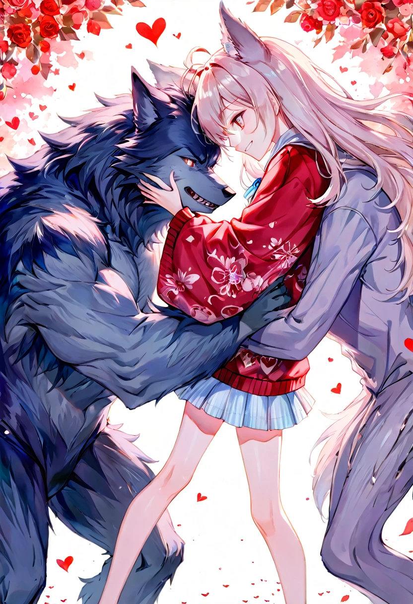 cover page, highres, top quality, best quality, paid reward available, unparalleled masterpiece, perfect artwork, absurdres, High-quality illustrations, watercolor, soft color, love story of human girl and giant Werewolf, love romance, pair, Height difference, Physical difference, perfect anatomy, smile, joyful, play with, smile, happy,