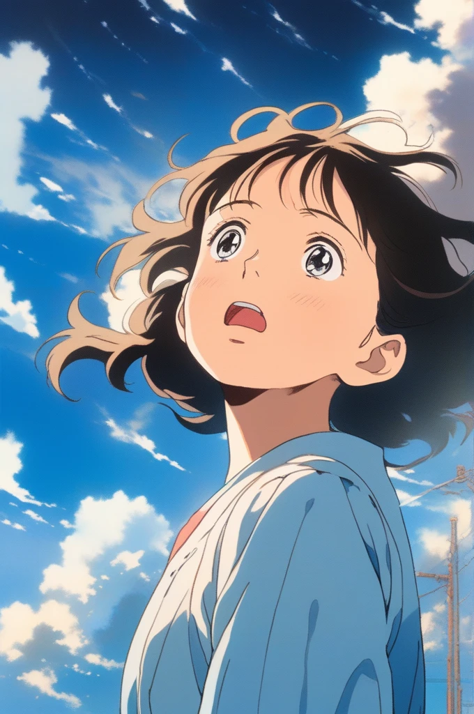 portrait art style, ghibli, a girl looking up at the sky, realistic depiction of intense emotions, artistic portrait style, contrasting colors, beautiful eyes, (masterpiece,best quality)
