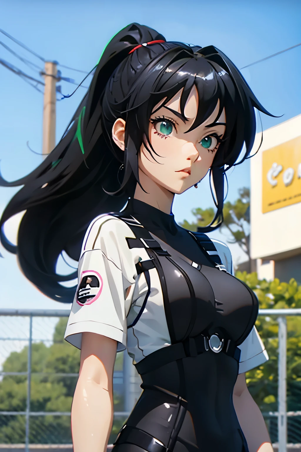 anime girl long black hair in ponytail, green eyes sportswear