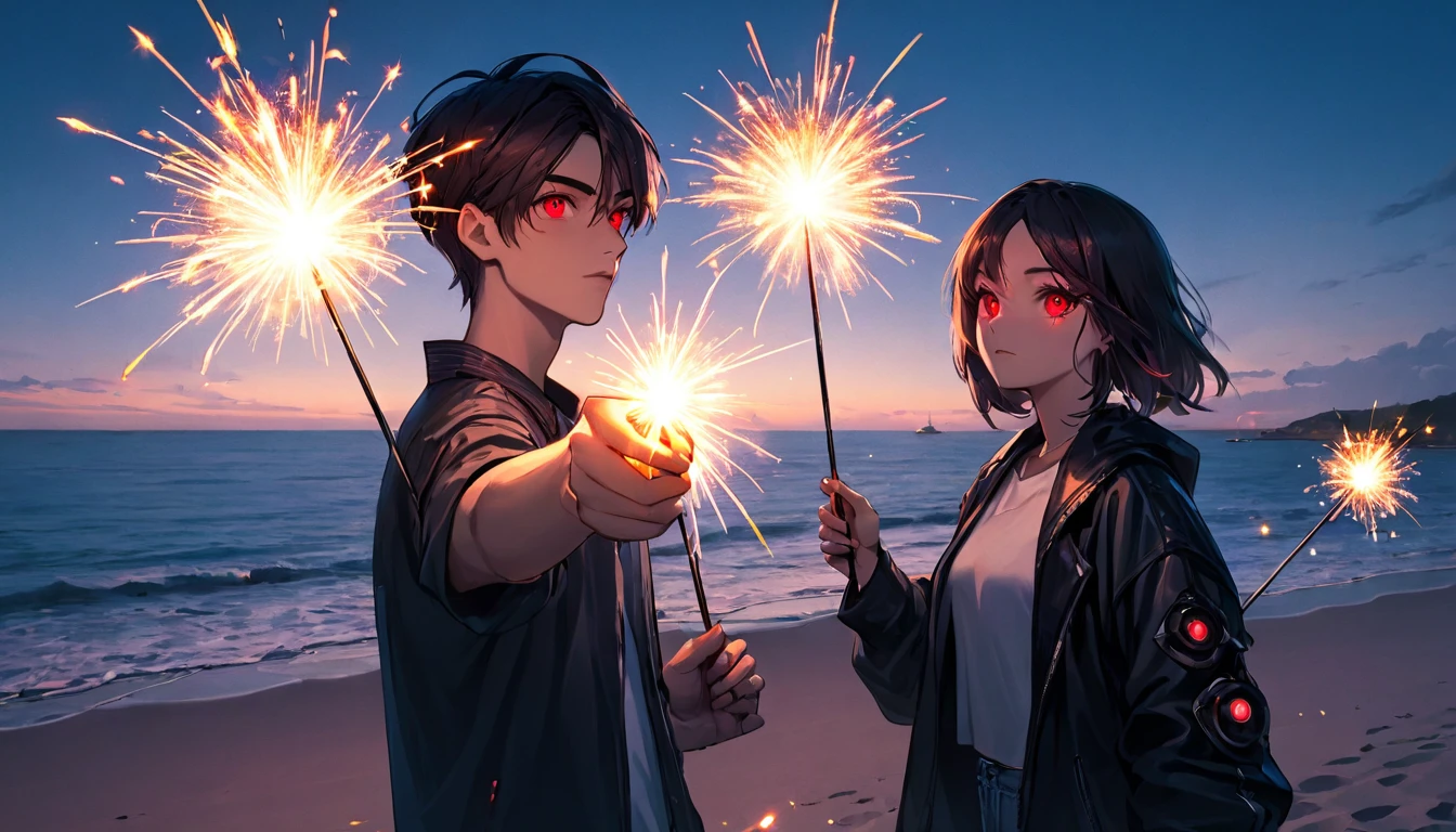 Man and woman holding sparklers pointing downwards, teenager, cyberpunk, red eyes, glowing eyes, beach, sparkler