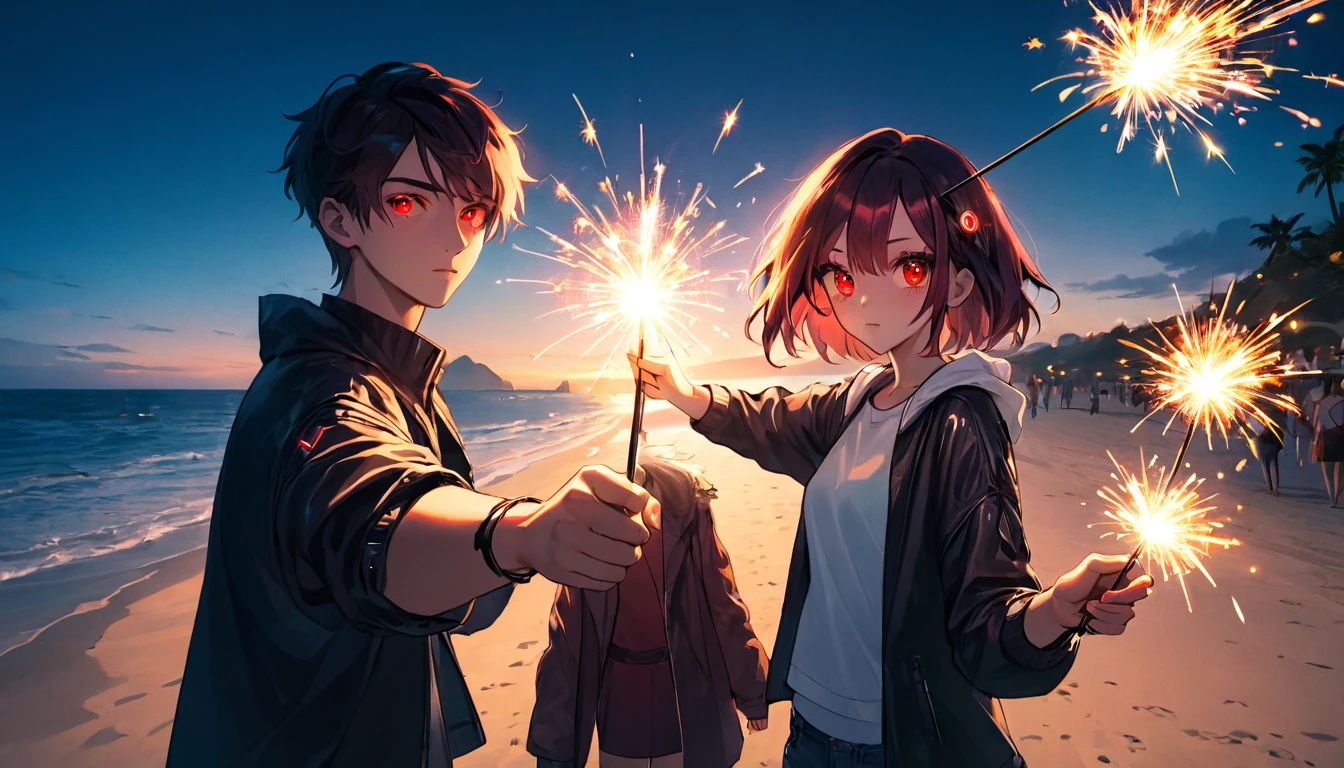 Man and woman holding sparklers pointing downwards, teenager, cyberpunk, red eyes, glowing eyes, beach, sparkler