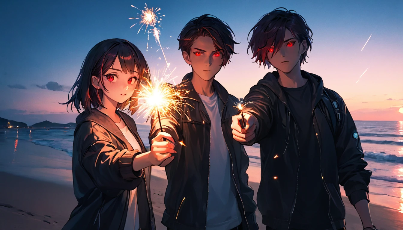 Man and woman holding sparklers pointing downwards, ager, cyberpunk, red eyes, glowing eyes, beach, sparkler