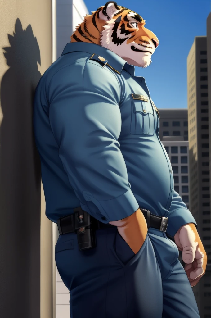 Author: bontiage, (1 boy), One, tiger, bulge, police shirt, Men's Second, kemono, hot body, muscle, Beautiful, sexual, Attractive guy, (Detailed black eyes), brows, (masterpiece, A high resolution, Best quality), 4K, a male, Beautiful shadow, expressionless, (front side:1.5), standing, downtown