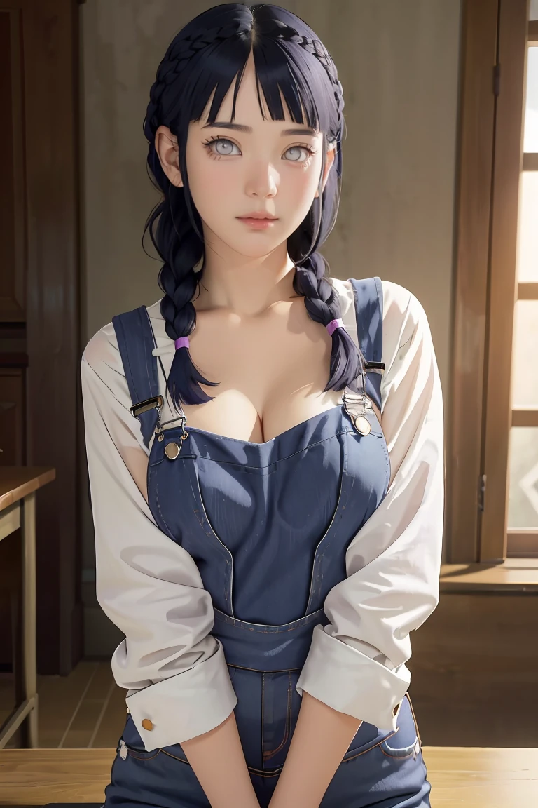 tmasterpiece， best qualityer， ultra - detailed， illustration，1girll，
long whitr hair，dark-blue hair，french braid，Purple eye，bluntbangs，cleavage，Large breasts
shirt，（jeans overalls：1.1），
mideum breasts， 
looking at viewert，hyouka/（Boruto/），Detailed lips