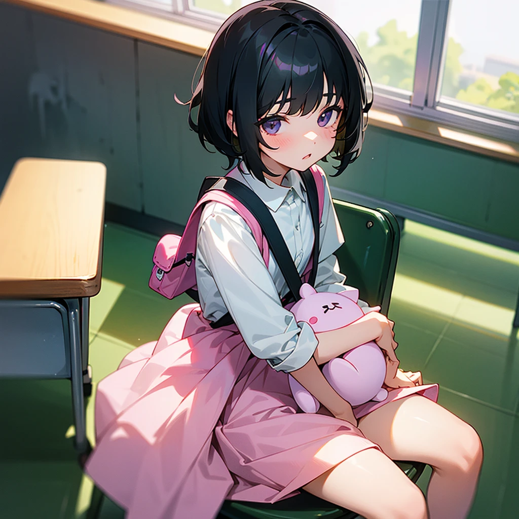 A girl, short black hair, dark eyes, wearing white shirt, green long warp skirt, a pink backpack with a tiny plushie, sitting on the seat, in the classroom