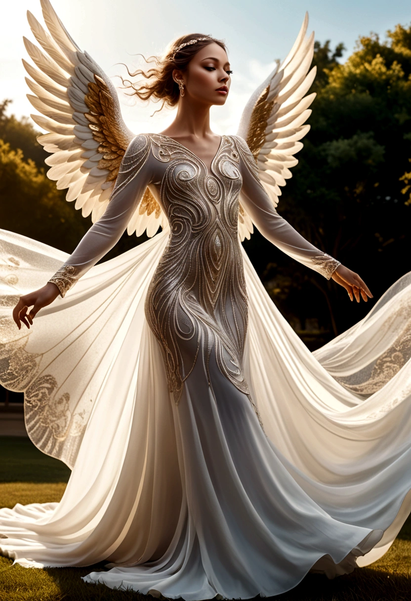 beautiful Angel, Wearing a gorgeous dress that covers the whole body, luxurly gawn,Floating in the air, angel wings, (angel ring:1.3), outdoor, detailed face, detailed eyes, detailed lips, detailed nose, detailed foot, full body shot