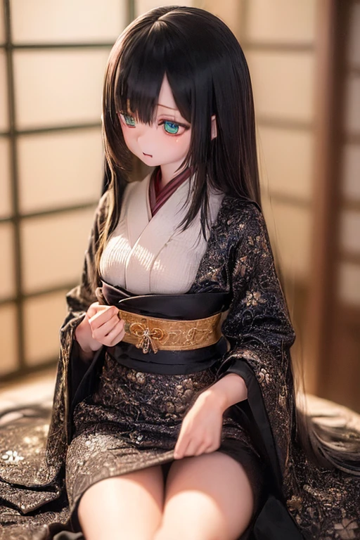 (SFW:2), photorealistic, realistic photo, ((highest quality)), ((masterpiece)), ((extremely detailed)), kukolnydom, doll, (mature woman, 24yo, 24 years old:1.6), solo, ((cowboy shot, seiza, skinny, slender, slim, kimono, obi, hair ornament)), green eyes, parted lips, (black hair, long hair, looking at another, blank eyes, empty eyes, detailed eyes, detailed clothes:1.3), Japanese room, 8k
