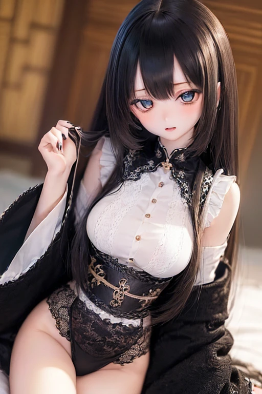 (SFW:2), photorealistic, realistic photo, ((highest quality)), ((masterpiece)), ((extremely detailed)), kukolnydom, doll, (mature woman, 24yo, 24 years old:1.6), solo, ((cowboy shot, seiza, skinny, slender, slim, kimono, obi, hair ornament)), green eyes, parted lips, (black hair, long hair, looking at another, blank eyes, empty eyes, detailed eyes, detailed clothes:1.3), Japanese room, 8k