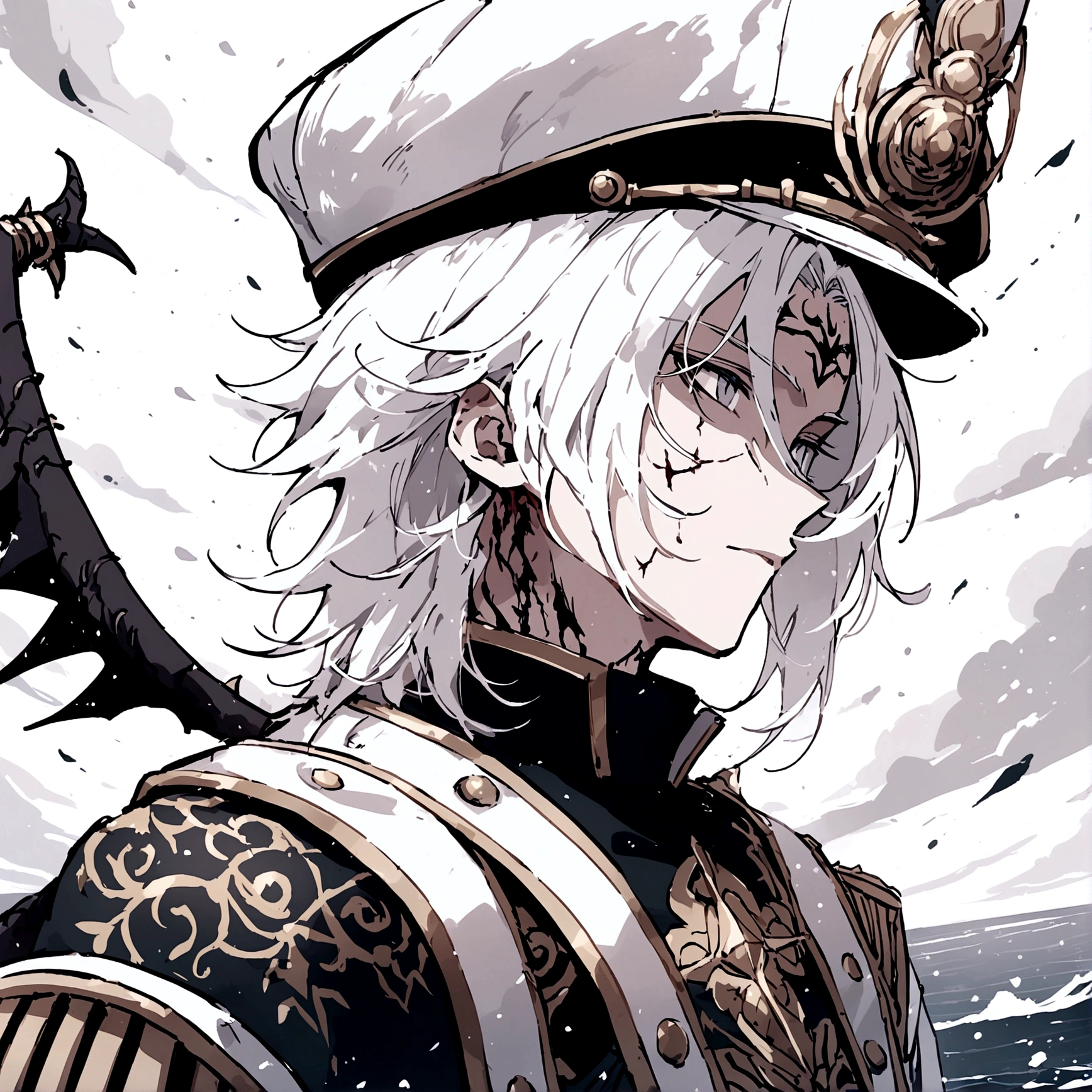 Make a male character with a white admiral hat, 2 short horns on his forehead and 2 long ones on top of his head, black, make eyes sparkling white, White hair, with a black shirt with gold details, 6 black wings and a black cape on the back, a white dragon tail, wears gloves with thorn bracelet, Caucasian skin. Arte estilo de anime