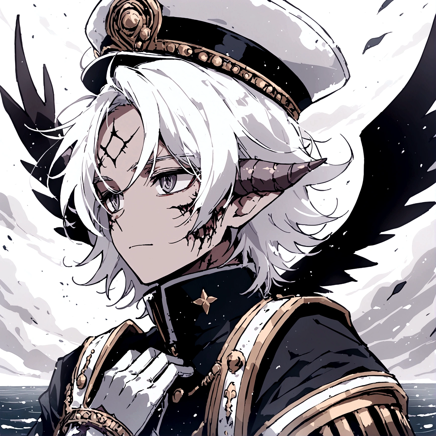 Make a male character with a white admiral hat, 2 short horns on his forehead and 2 long ones on top of his head, black, make eyes sparkling white, White hair, with a black shirt with gold details, 6 black wings and a black cape on the back, a white dragon tail, wears gloves with thorn bracelet, Caucasian skin. Arte estilo de anime