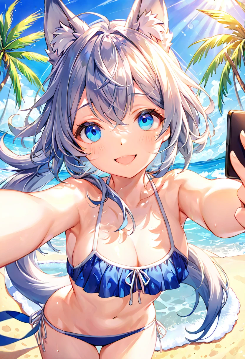 top quality, best quality, High-quality illustrations, masterpiece, super high resolution, detailed background, detailed background, Mare, horizon, Palm trees, beach, Midsummer sunshine, swim wears, Happy, joyful, absurdres(highly detailed beautiful face and eyes)perfect anatomy(Photos taken with friends)(kemono, furry anthro)selfie,