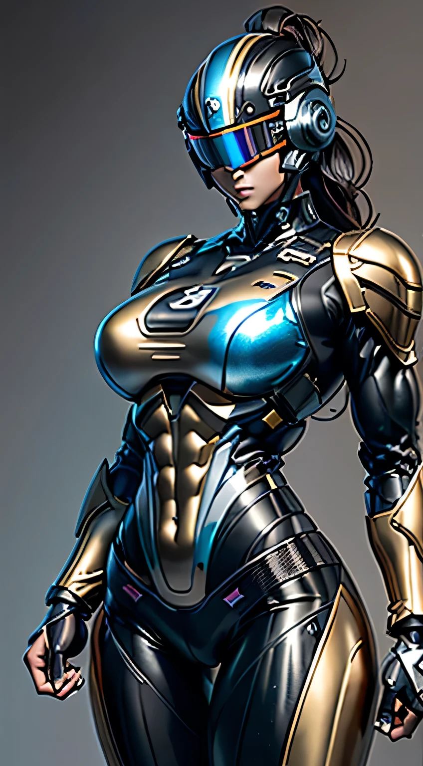 Female Robocop Solo、Bright outdoors、strong light source、8K, high quality, masterpiece, 最high quality, Crisp contrast、Very detailed、Full body armor、Very large armor、Helmet covering the head、Clear photos、His eyes are hidden by thin straight goggles:1.3、The lower half of the face is raw々Shii:1.5、The lower half of the face is exposed、Seductive lips、Rainbow and black metallic armor、Armor that completely covers the chest、Long, slender legs、Vibrant Posselo Body View,Big and ample breasts:1.5, (Sports Body:1.5)、Five Fingers、Hold a handgun、In the city