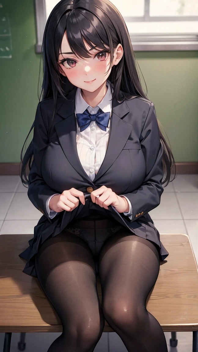 ((masterpiece)), ((Highest quality)), ((Very detailed)), One girl, Black Hair, Long Hair, classroom, Feet Focus, Sit on a chair, Big Breasts, plump, blazer, skirt, pantyhose, panties under pantyhose, Wicked Smile, Looking at the audience, From below, ((Feet close-up)), Steaming body, Sweat, ((Steamed feet)), V-shaped eyebrows, Lift your legs,