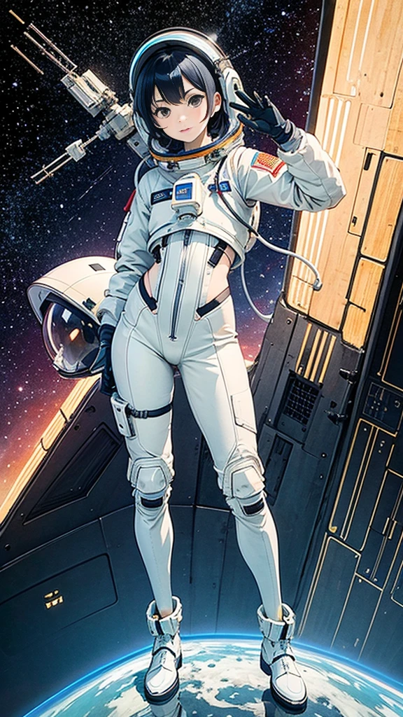 1 23 year old girl in, Adult space fighter pilot with mega detail suit, Float out of the spaceship in a spacesuit.、High-tech graphics throughout the costume, premium, masterpiece, pose sexy, body perfecto、cute little, Beautiful detailed eyes, shiny hair, EE poster. UU., long light blue hair with black eyes, girl with,,Space suits:Orange_Clothes_body:mono), white_gloves, space boots, helmets, weightless, side lights, Reflectors、A person in a space suit is in the lower left corner of the photo..、Extend your right hand、the right hand gently touches the Salyut space station)、Space station in the upper right corner of the screen.、reflected light from the sun.、silver metal、Red flag、brilliance、diffuse reflection、metallic texture、distant blue land、 Wick style、Starsea、High profile、