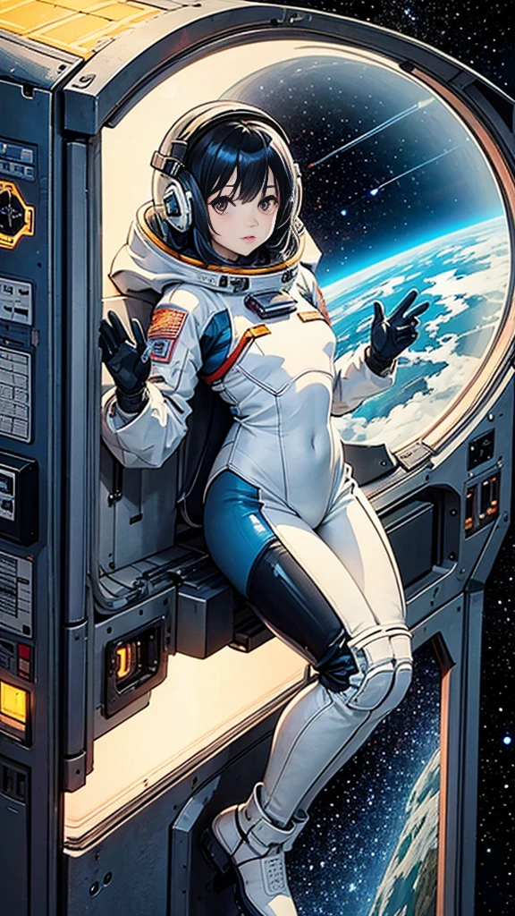 1 23 year old girl in, Adult space fighter pilot with mega detail suit, Float out of the spaceship in a spacesuit.、High-tech graphics throughout the costume, premium, masterpiece, pose sexy, body perfecto、cute little, Beautiful detailed eyes, shiny hair, EE poster. UU., long light blue hair with black eyes, girl with,,Space suits:Orange_Clothes_body:mono), white_gloves, space boots, helmets, weightless, side lights, Reflectors、A person in a space suit is in the lower left corner of the photo..、Extend your right hand、the right hand gently touches the Salyut space station)、Space station in the upper right corner of the screen.、reflected light from the sun.、silver metal、Red flag、brilliance、diffuse reflection、metallic texture、distant blue land、 Wick style、Starsea、High profile、