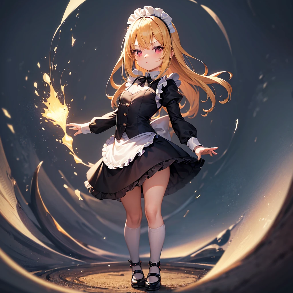 ((Maid)),((白いMaid服)),Cute little ,Tiny ,Small girl,,Childish face, Very fine clean face,Top quality, Big eyes,Straight Hair,Yellow hair,Crimson Eye,(Dark Room), Subtle light, Natural breeze,Soft lighting,Light from directly behind, (Are standing), Cute pose, (Open your hands), Showing the whole body,Front view,Black background