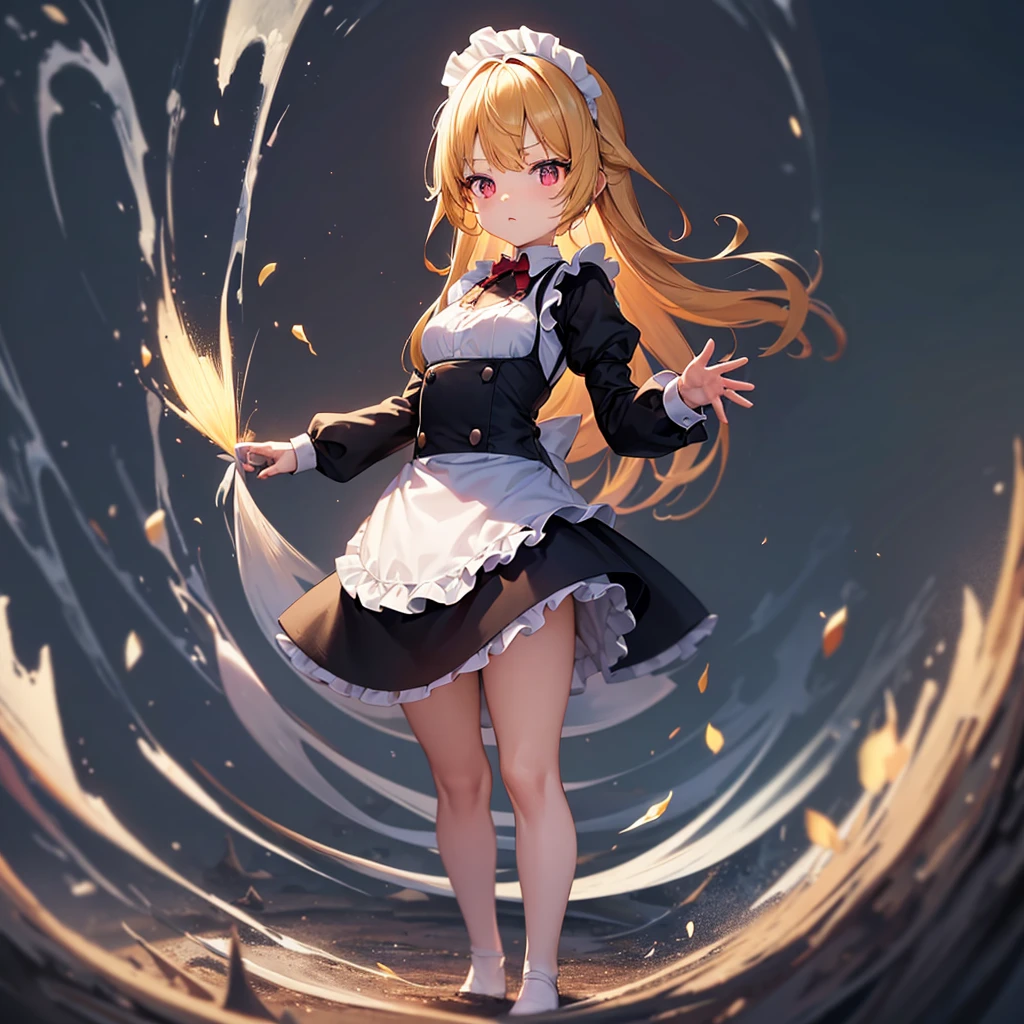 ((Maid)),((白いMaid服)),Cute little ,Tiny ,Small girl,,Childish face, Very fine clean face,Top quality, Big eyes,Straight Hair,Yellow hair,Crimson Eye,(Dark Room), Subtle light, Natural breeze,Soft lighting,Light from directly behind, (Are standing), Cute pose, (Open your hands), Showing the whole body,Front view,Black background