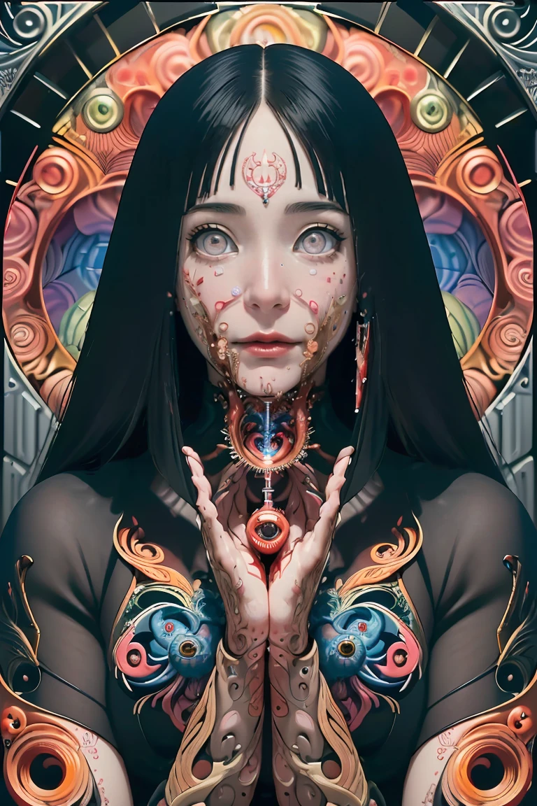 (masterpiece, best quality: 1.2), ultra detailed, highest detail, (body horror: 1.4), (biomachine: 1.3), (bloody: 1.2), living being, (colorful: 1.2), satanic, (machine: 1.3), Hans Giger, many hands, (zentangle: 1.2), black color scheme,1girl