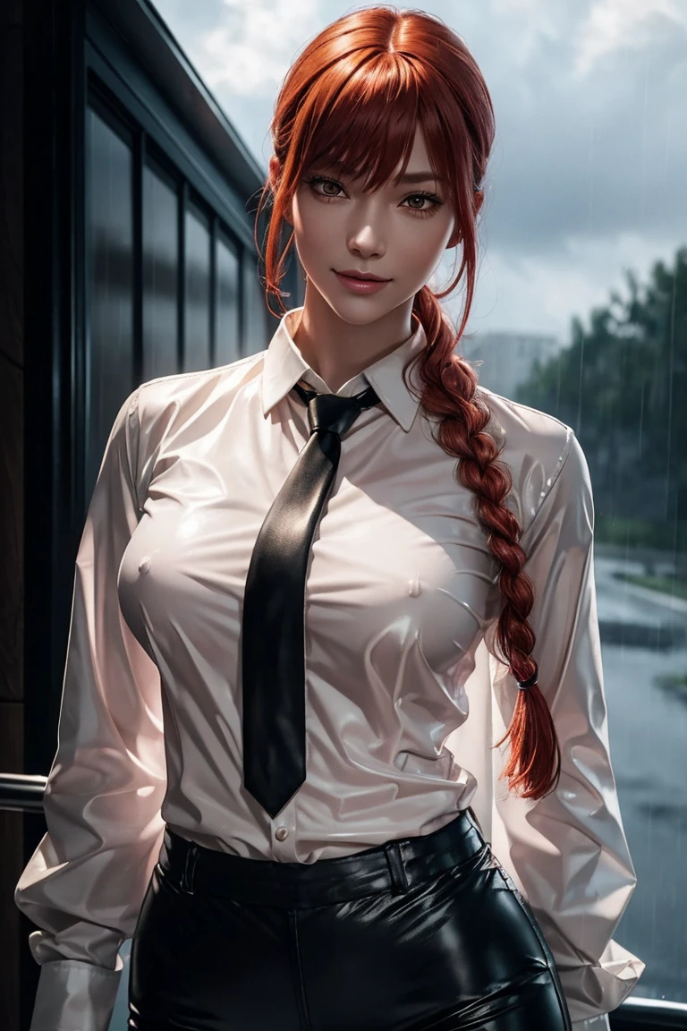 Chainsaw Man,Makima,With bangs,Red Hair,Braids at the back,Golden Eyes,White long sleeve shirt,Black tie,Black Leather Pants,Ultra HD,super high quality,masterpiece,Digital SLR,Photorealistic,Detailed details,Vivid details,Depicted in detail,A detailed face,Detailed details,Super Detail,Realistic skin texture,Anatomical basis,Perfect Anatomy,Anatomically correct hand,Anatomically correct fingers,Complex 3D rendering,Sexy pose,Rainy Sky,Beautiful scenery,Fantastic rainy sky,Picturesque,Pink Lips,smile,