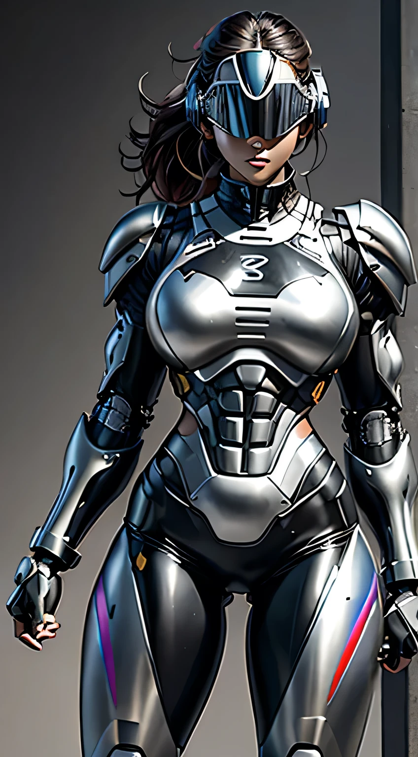 Female Robocop Solo、Bright outdoors、strong light source、8K, high quality, masterpiece, 最high quality, Crisp contrast、Very detailed、Full body armor、Very large armor、Helmet covering the head、Clear photos、His eyes are hidden by thin straight goggles:1.3、The lower half of the face is raw々Shii:1.5、The lower half of the face is exposed、Seductive lips、Rainbow and black metallic armor、Armor that completely covers the chest、Long, slender legs、Vibrant Posselo Body View,Big and ample breasts:1.5, (Sports Body:1.5)、Five Fingers、Hold a handgun、In the city