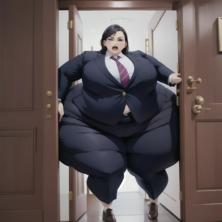 masterpiece, 1girl behind a doorway, from front, (doorstuck, stuckfront:1.3), huge hips, round belly, thick thighs, colorful clothing, wearing suit and tie and formal pants, upset, trying to wiggle through, her girlfriends laughs as they push her butt hard