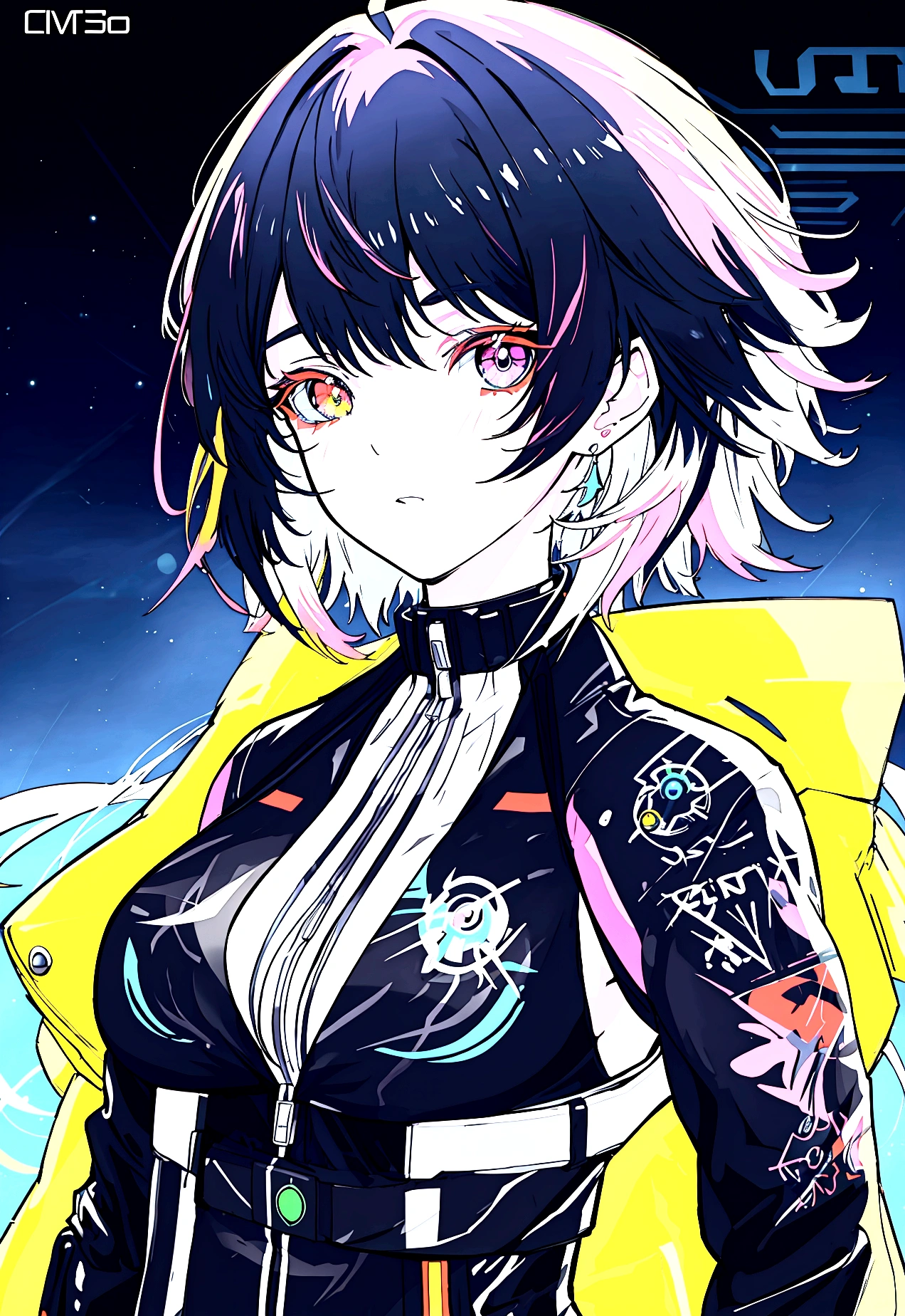 colourful eyes, colourful glowing hair, wearing sci-fi jacket, anime style, high detail, Futurism, glowing light, UHD, retina, masterpiece, ccurate, anatomically correct, textured skin, super detail, high details, high quality, award winning, best quality, highres