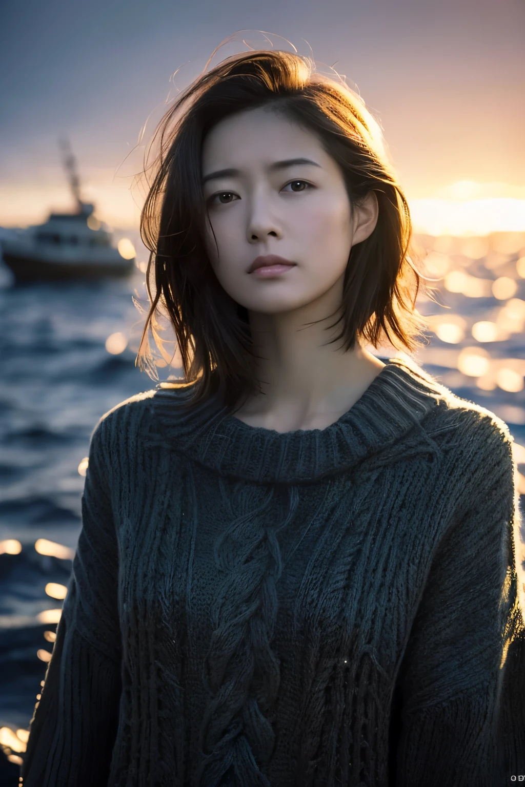 (knitwear), (top-quality, masterpiece:1.3, Super high resolution), (Photorealsitic:1.4, RAW shooting), Ultra-realistic capture, A highly detailed, high-definition 16K for human skin, Wistful, A skinny Japanese woman, 30 years old, cute face, ((Sadness face)), detailed face, detailed eyes, ((correct anatomy)), A dark-haired, Middle hair, ((Background of the sea in a starry night)), (((looking up afar at starry sky))), hair blowing in the wind