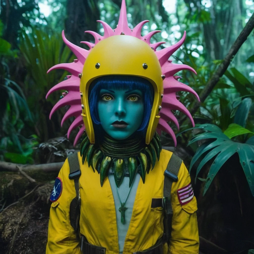 Horror-themed,  In an ancient and mysterious tropical jungle a person wearing a yellow helmet with pink dark spikes on it carcosa city style, Don Bluth Style ASTRONAUT Cthulhu yellow Toon Doll, full body RAW candid cinema, cyan hair, 16mm, color graded portra 400 film, Eerie, unsettling, dark, spooky, suspenseful, grim, highly detailed, titanium decorative headdress, cinematic, trending on artstation | Isometric | Centered