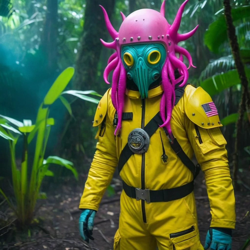 Horror-themed,  In an ancient and mysterious tropical jungle a person wearing a yellow helmet with pink dark spikes on it carcosa city style, Don Bluth Style ASTRONAUT Cthulhu yellow Toon Doll, full body RAW candid cinema, cyan hair, 16mm, color graded portra 400 film, Eerie, unsettling, dark, spooky, suspenseful, grim, highly detailed, titanium decorative headdress, cinematic, trending on artstation | Isometric | Centered