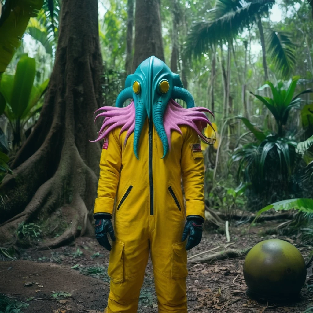 Horror-themed,  In an ancient and mysterious tropical jungle a person wearing a yellow helmet with pink dark spikes on it carcosa city style, Don Bluth Style ASTRONAUT Cthulhu yellow Toon Doll, full body RAW candid cinema, cyan hair, 16mm, color graded portra 400 film, Eerie, unsettling, dark, spooky, suspenseful, grim, highly detailed, titanium decorative headdress, cinematic, trending on artstation | Isometric | Centered